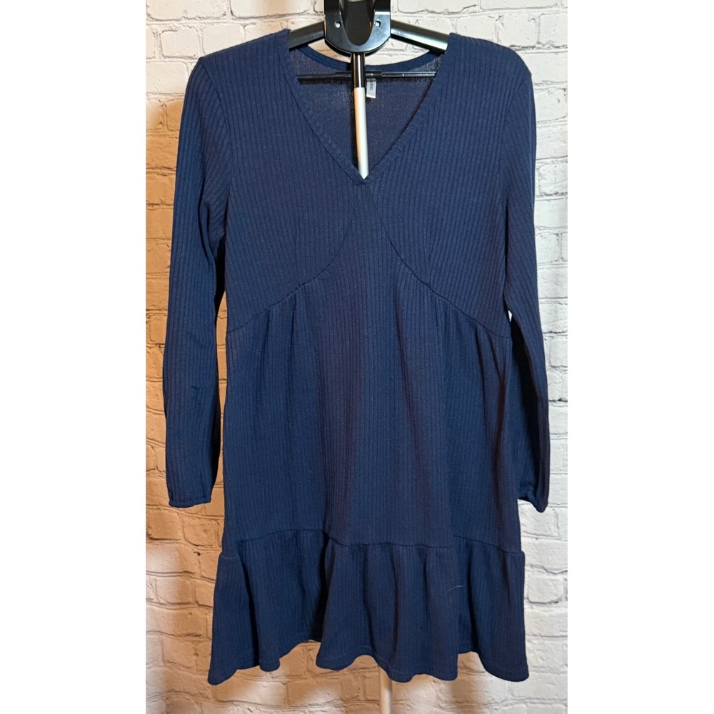 Dokotoo Womens Navy Blue Ribbed Knit V-Neck Tiered Ruffle Babydoll Mini Dress XL